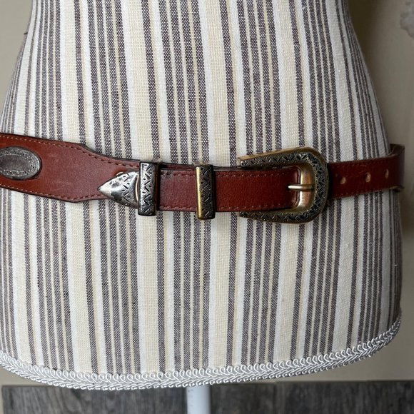 Vintage 90s Brighton Brown Leather Western Belt Silver Plated Buckle Size 32 - Picture 4 of 9